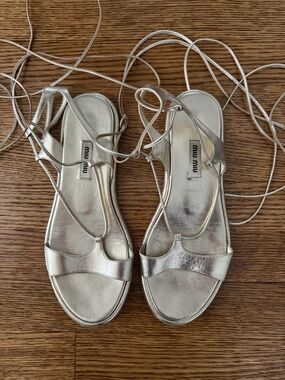 Miu Miu Gold  Metallic Lace-Up Gladiator Sandals